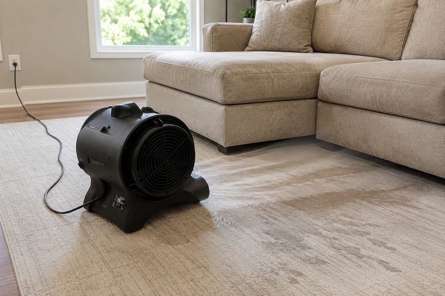 Žāvēšanas ventilators žāvē paklāju un dīvānu pēc tīrīšanas